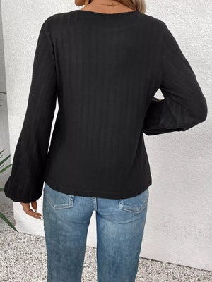 Black ribbed shirt with crochet bell sleeves, casual long sleeve top.