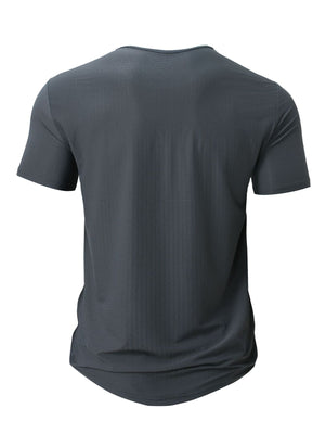 Men's grey crew neck active t-shirt with textured fabric and short sleeves