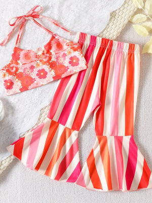 Children's Floral Print Crop Top And Striped Pants Set in Orange Red, alternate angle