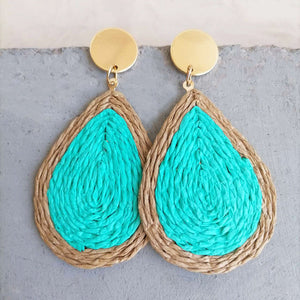 Aqua teardrop raffia statement earrings with gold-tone studs