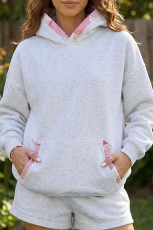 Contrast Patchwork Oversized Hoodie in Light Gray, close-up detail