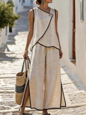 Contrast Trim Top And Slit Pants Set, front view