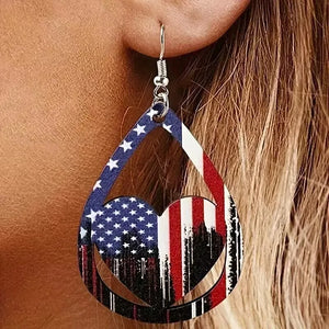 Patriotic teardrop heart earrings with American flag print, multicolor alloy.