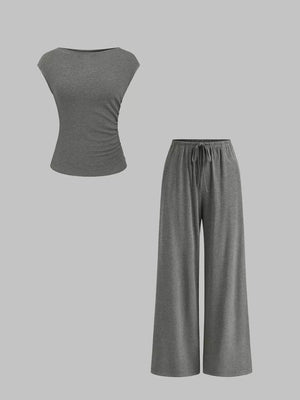 Grey ruched boat-neck top and drawstring wide-leg pants set