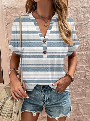 Bohemian tapestry henley blouse with blue and white stripes, v-neck, and button detail.