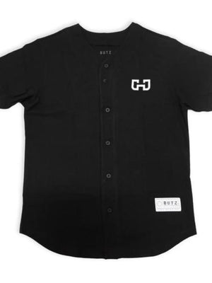 Black baseball jersey with embroidered logo and button front