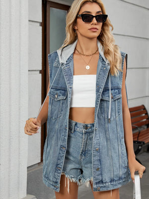 Denim vest with hood and American flag detail, button front, chest pockets