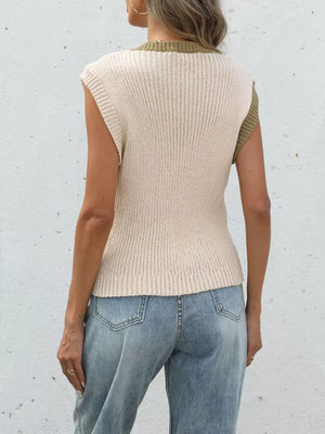 Women's two-tone knit vest in cream and olive green, featuring a ribbed texture and sleeveless design.