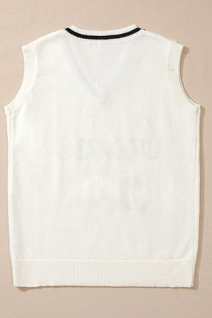 White knit vest with black striped neckline and burgundy trim, acrylic.