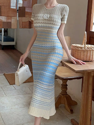 Gradient Knit Striped Midi Dress in Light Blue, side view