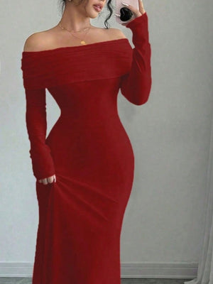 Rose Red off-shoulder maxi dress with draped neckline and long sleeves.