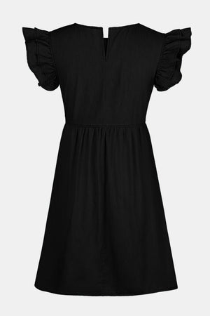 Black babydoll denim dress with ruffled short sleeves and a V-neck.