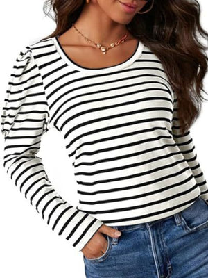 Black and white striped tee with puff sleeves and a scoop neck.