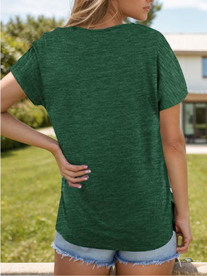 Dark Green relaxed fit t-shirt with short sleeves and side slits, shown from the back.