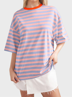 Oversized striped tee with dropped sleeves and orange neckline in pink and blue stripes.
