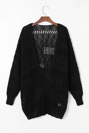 Black open-knit slouch cardigan with a relaxed fit and airy texture.