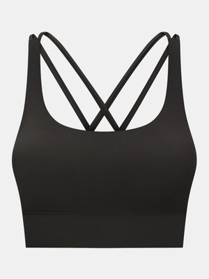 Black performance bra with crisscross back straps and scoop neckline.