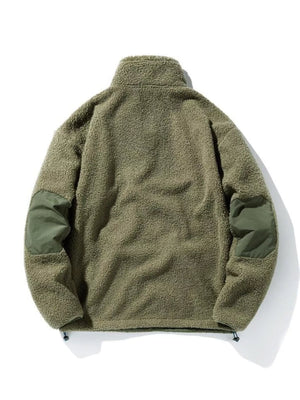 Olive green fleece sweatshirt with mock neck and elbow patches.