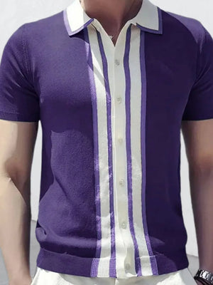 Violet vertical stripe knitted polo shirt with white collar and button placket.
