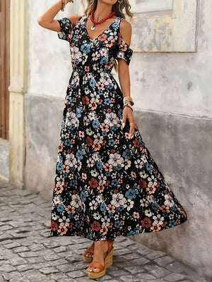 Cold Shoulder Floral Print Maxi Dress in Black, model styling view