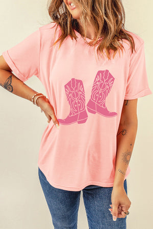 Graphic round neck tee in blush pink with a pink cowboy boot graphic and cuffed sleeves.