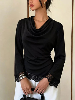 Lace Trim Cowl Neck Blouse in Black, front view