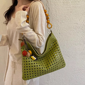 Cutout Shoulder Bag With Beaded Handle in Green, back view