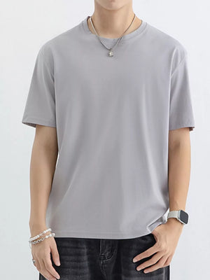 Men's light gray cotton crew neck t-shirt with short sleeves.