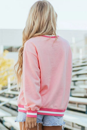 Embroidered Tennis Club Crew Neck Pullover Sweatshirt in Blush Pink, close-up detail