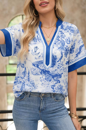 Women's blue and white toile print V-neck shirt, short sleeves, polyester
