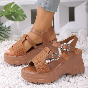 Brown woven texture high wedge sandals with adjustable buckle straps and chunky platform sole.