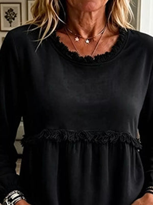Velvet Fringe Long Sleeve Blouse in Black, back view