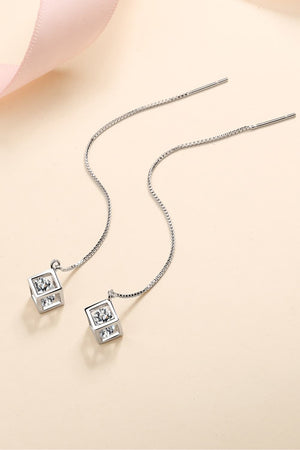 Silver geometric cube threader earrings with clear cubic zirconia stones.
