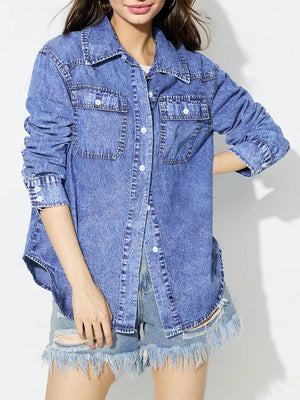 Acid wash denim overshirt in medium blue with two chest pockets and button front.