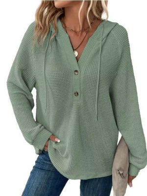 Full Size Waffle Knit Half-button Hoodie Plus Size in Black, view 14