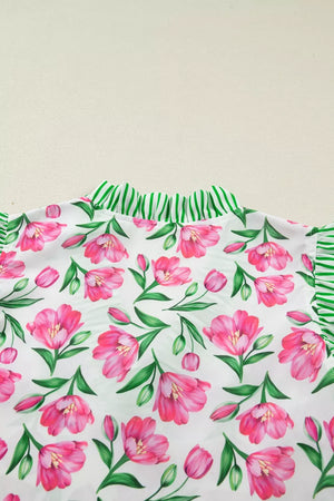 Tulip print polyester blouse with ruffled green striped neckline and sleeves.