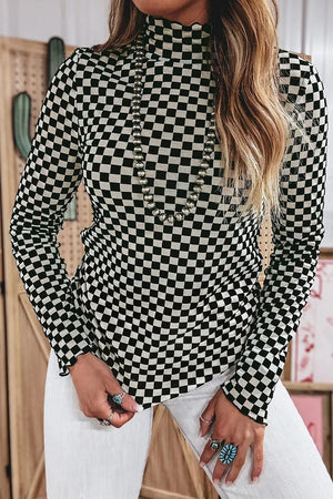 Plaid Stand Neck Long Sleeve Mesh Top, front view