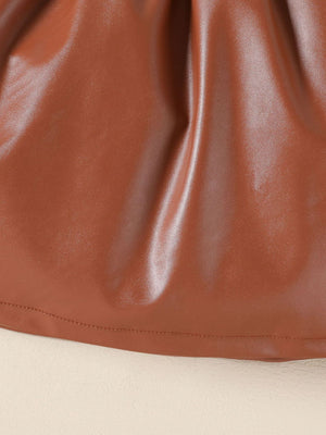 Brown faux leather toddler set detail showing ruffled texture and stitched hem.