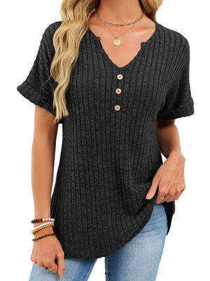 Black ribbed knit short sleeve t-shirt with v-neck and decorative buttons, curved hem.