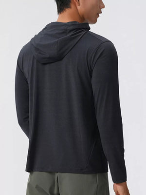 Men's black cotton long sleeve hoodie with a relaxed fit.