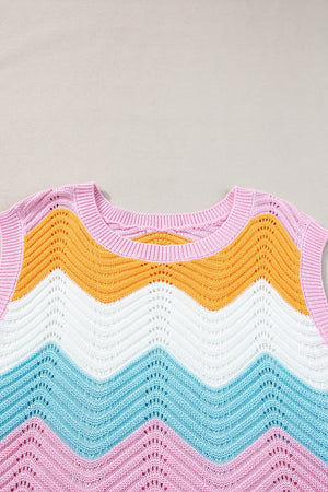 Chevron knit tank top with pink, orange, white, blue, and pink stripes and open knit details.