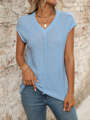 Light Blue seamed knit sleeveless V-neck top with a front seam detail.