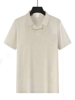 Khaki waffle knit polo shirt with short sleeves and a unique collar detail.