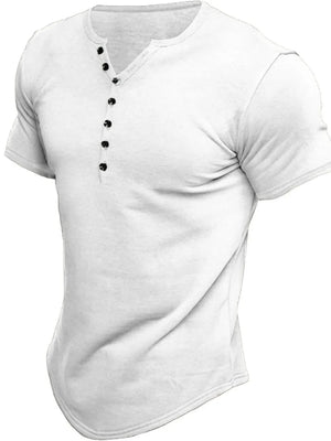 White henley tee with button placket and curved hem