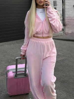 Dusty Pink cropped zip hoodie and wide leg sweatpants set