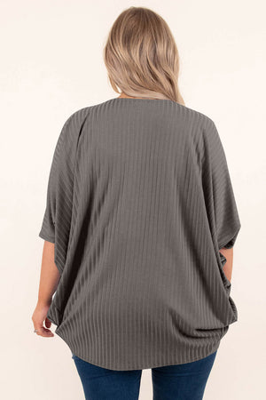 Dark Gray ribbed batwing cardigan with short sleeves and a drape front.