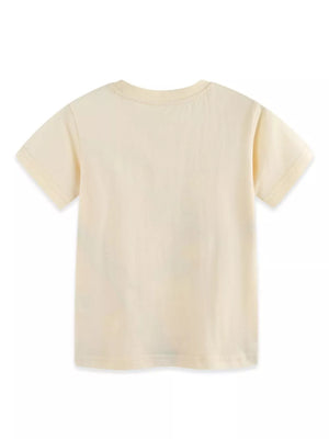 Cream cotton toddler t-shirt with short sleeves and crew neck, back view.
