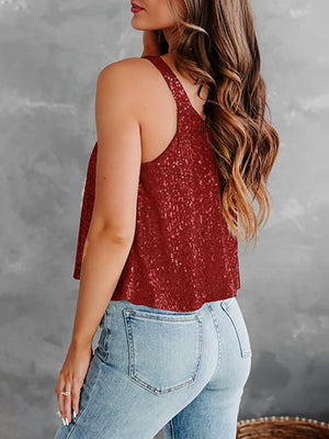 Burgundy sequin-embellished flounce tank top with spaghetti straps.