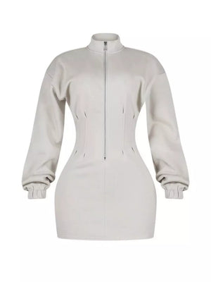 Casual Zip-up Long Sleeve Mini Dress in Off-white, fit detail