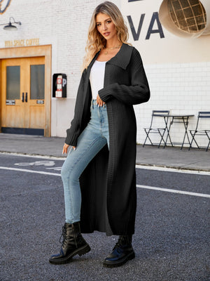 Longline knit collar cardigan in black acrylic with a relaxed fit and open front.